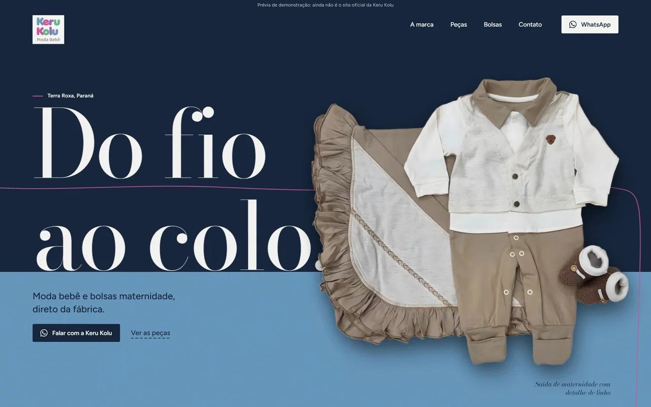 Tela inicial do site Keru Kolu, moda bebê
