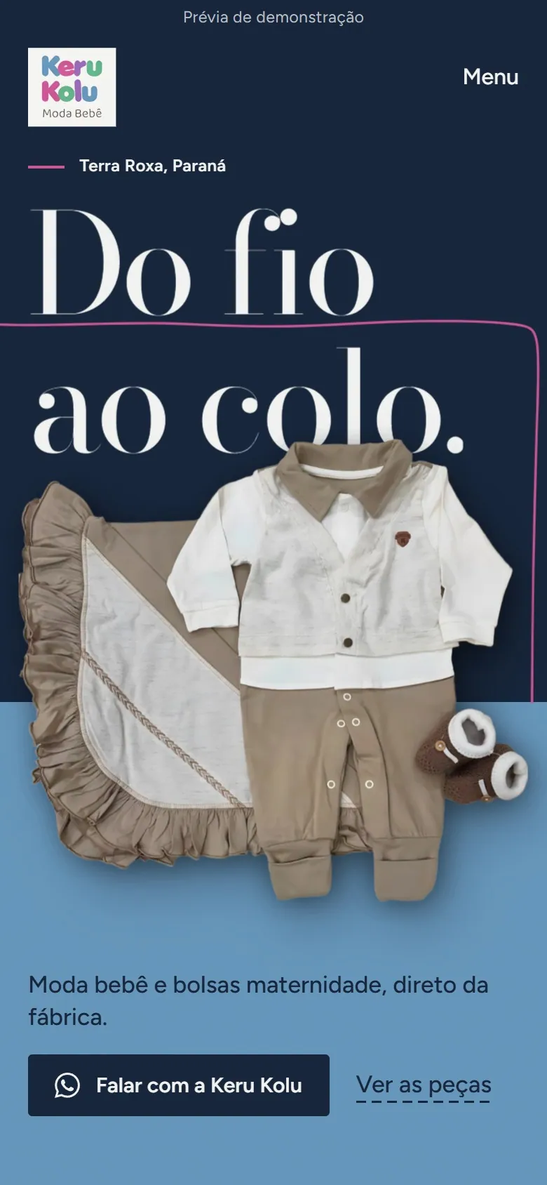 Tela inicial do site Keru Kolu, moda bebê, versão de celular