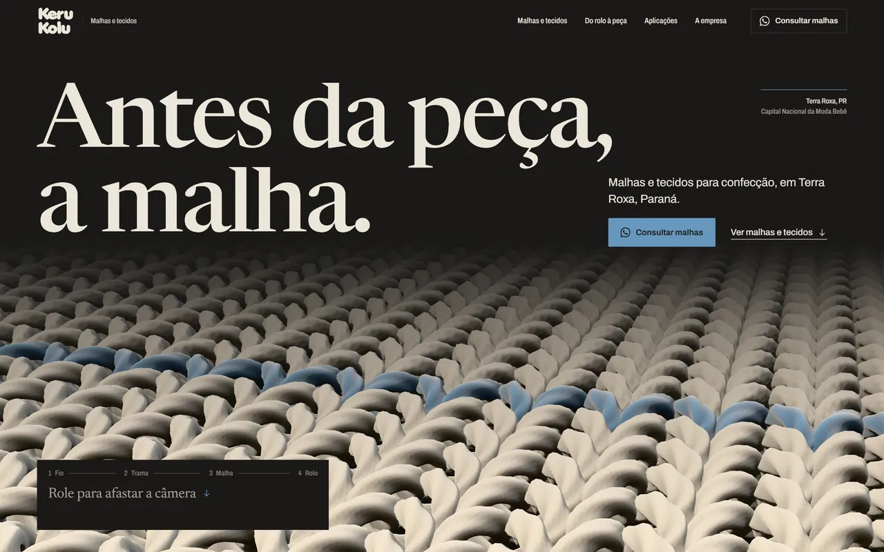 Tela inicial do site Keru Kolu, malhas e tecidos